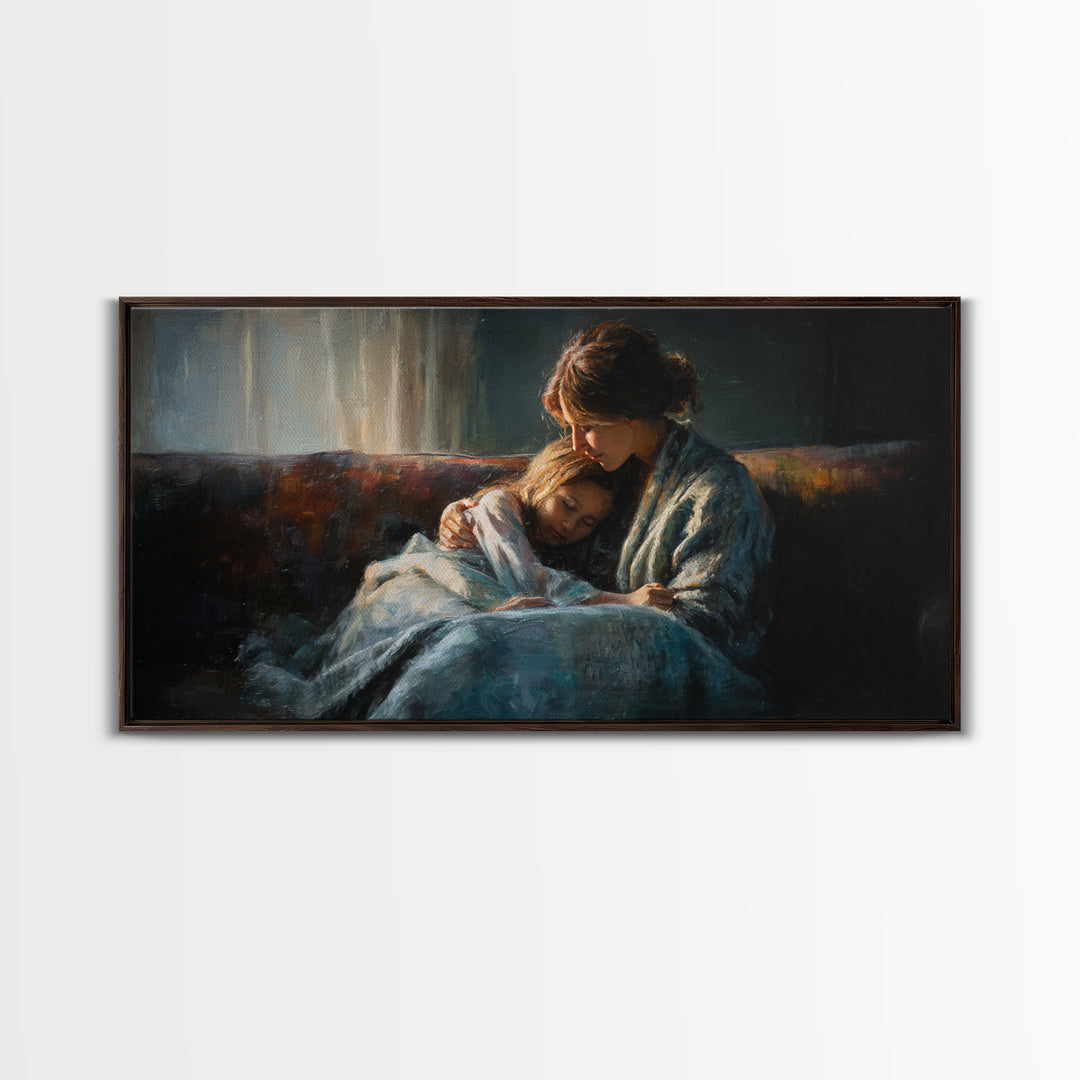 Mother And Sleeping Child Canvas Print, Moody Impressionist Wall Decor, Cozy Bedroom Art, Gift For Her, Warm Home Decor Print
