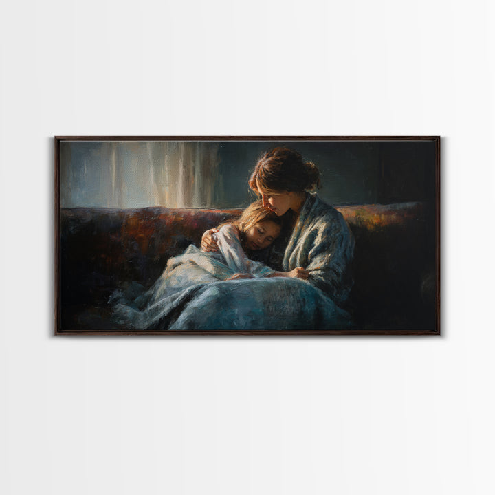 Mother And Sleeping Child Canvas Print, Moody Impressionist Wall Decor, Cozy Bedroom Art, Gift For Her, Warm Home Decor Print
