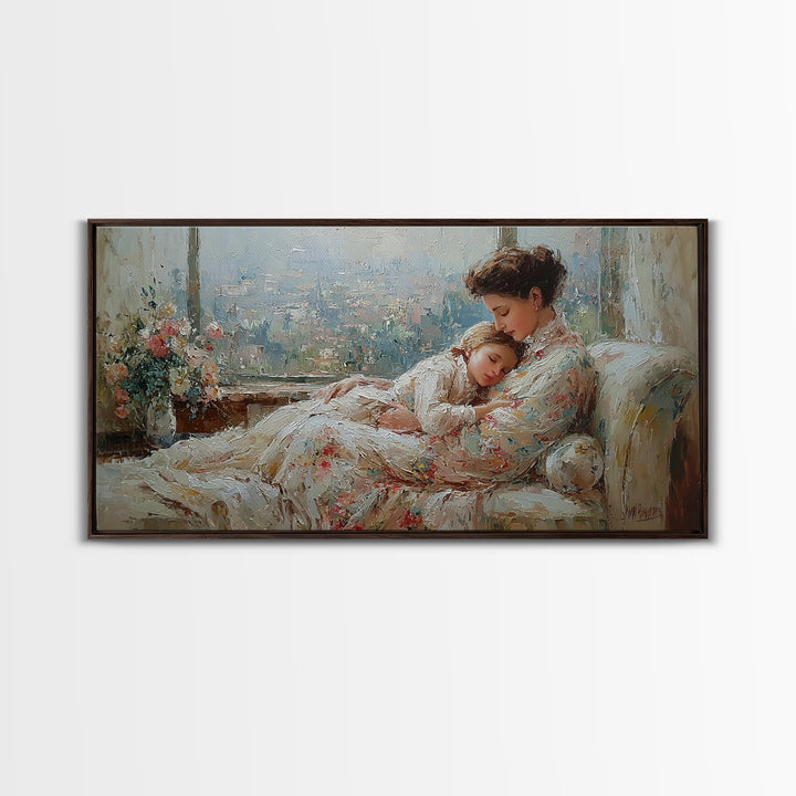 Tender Mother And Child Framed Canvas Print, Soft Impressionist Wall Art, Nursery Decor, Bedroom Wall Decor, Gift For Mom