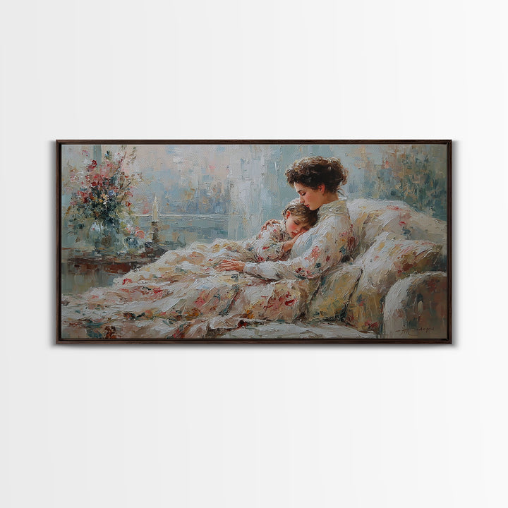Mother And Child Floral Blanket Wall Art, Impressionist Canvas Print, Cozy Nursery Decor, Feminine Bedroom Art, Gift For Her