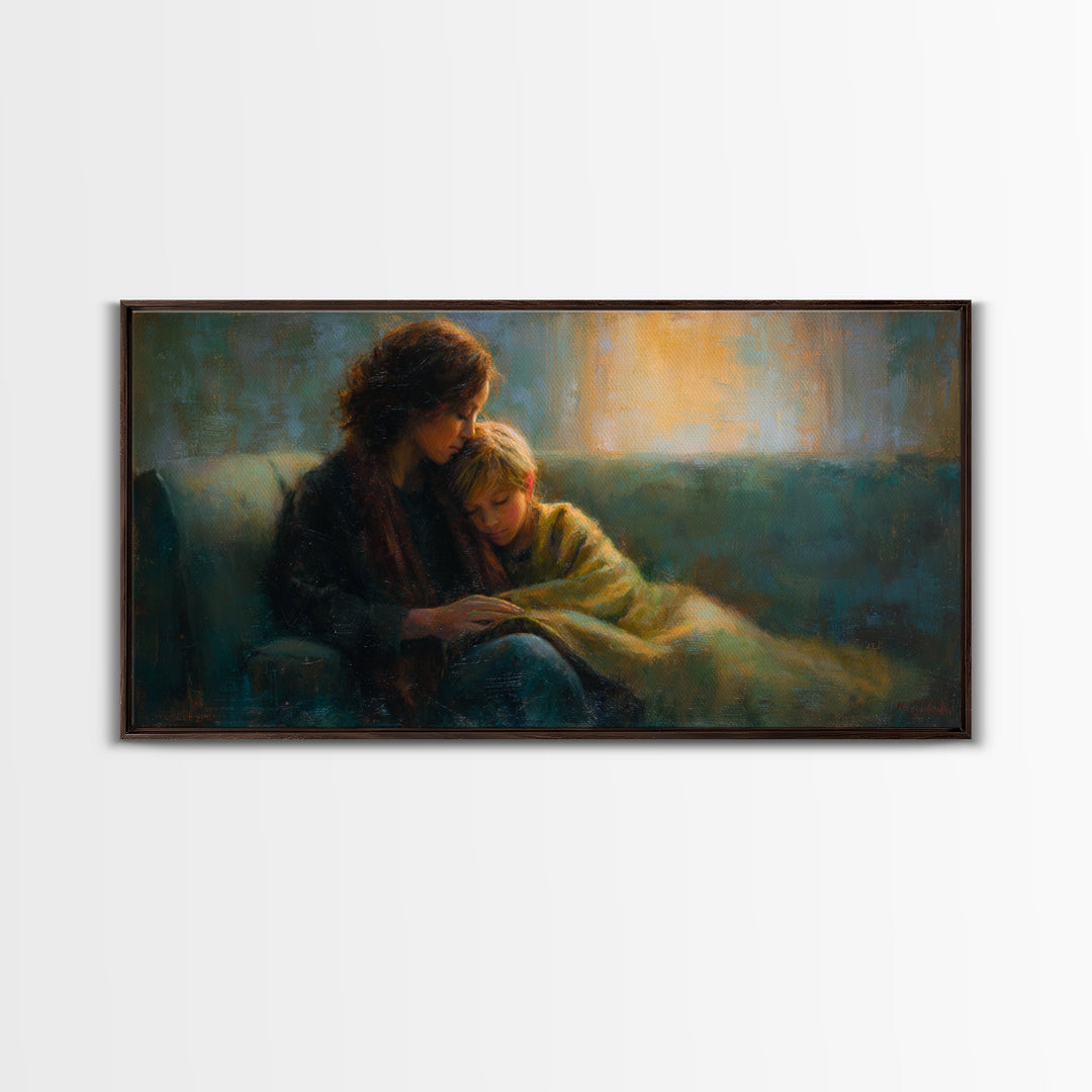 Mother Comforting Child Canvas Print, Moody Figurative Wall Art, Warm Living Room Decor, Cozy Bedroom Print, Gift For Mom