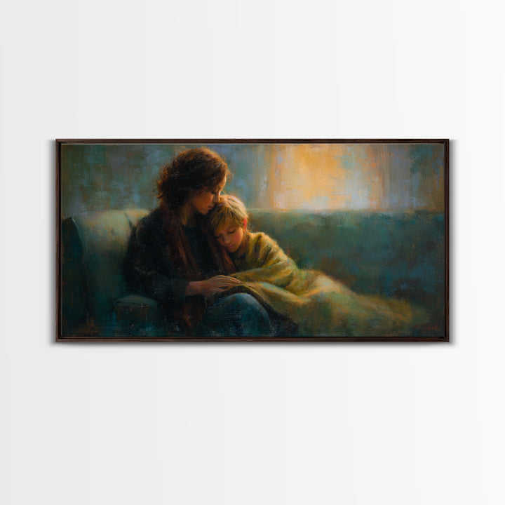 Mother Comforting Child Canvas Print, Moody Figurative Wall Art, Warm Living Room Decor, Cozy Bedroom Print, Gift For Mom