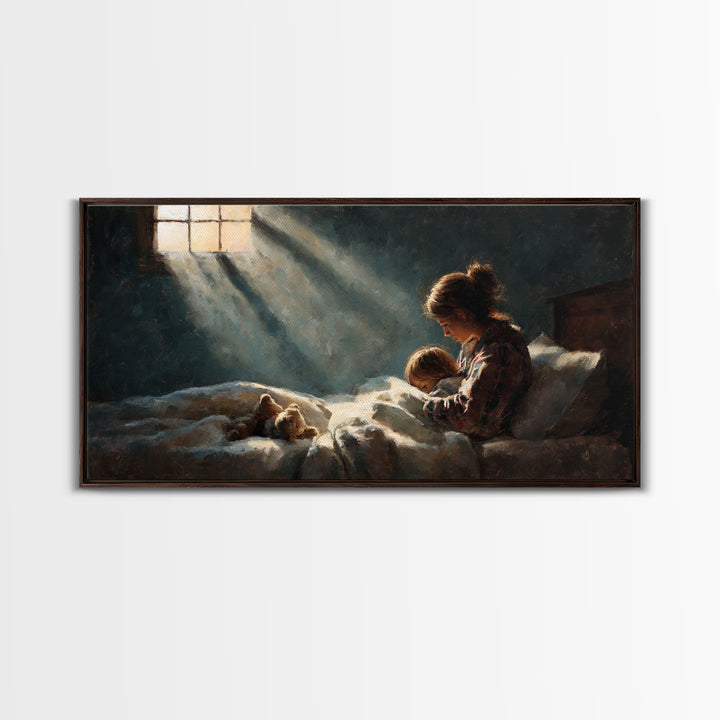 Mother Tucking Child Into Bed Wall Art, Sunlit Impressionist Nursery Decor, Cozy Bedroom Wall Decor, Teddy Bear Art Print