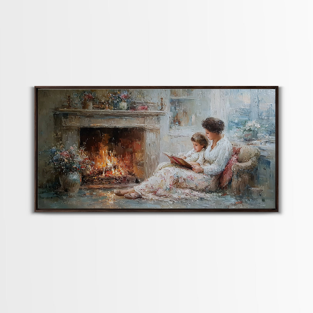 Mother And Child Reading By Fireplace Framed Canvas Print, Cozy Living Room Wall Art, Storybook Nursery Decor, Gift For Mom