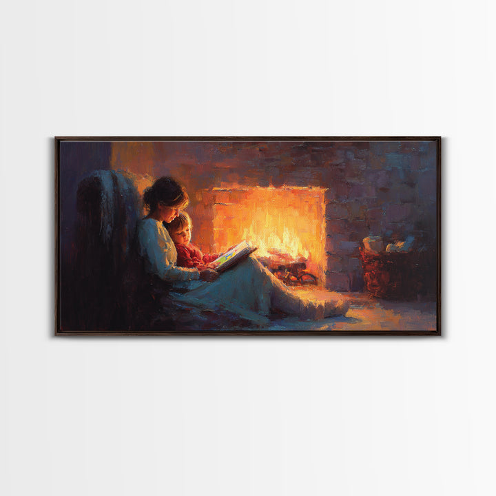 Mother And Child Fireside Reading Canvas Print, Warm Storybook Wall Art, Cozy Cabin Decor, Nursery Art, Gift For Book Lover