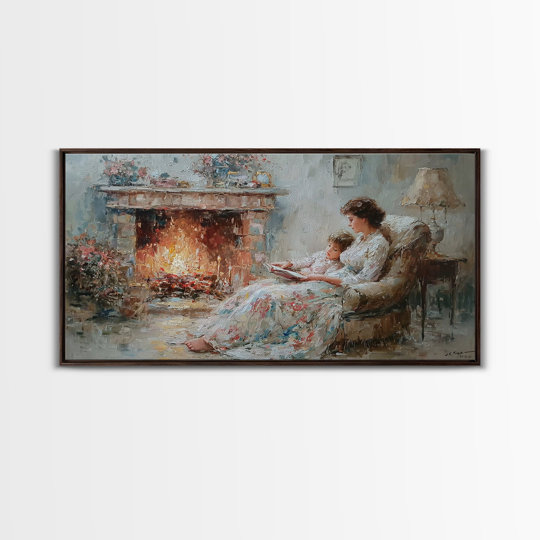 Mother And Child Reading Near Fireplace Wall Art, Impressionist Living Room Decor, Cozy Bedroom Art, Housewarming Gift Print