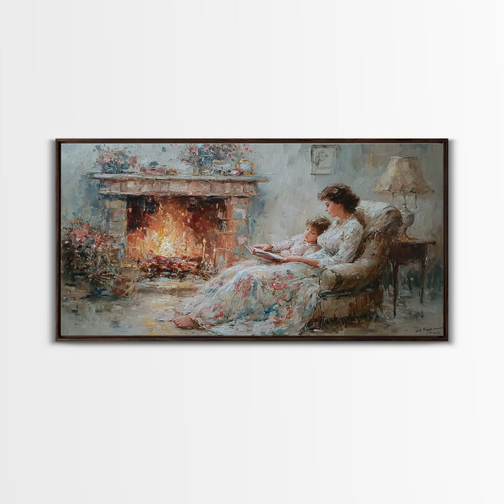 Mother And Child Reading Near Fireplace Wall Art, Impressionist Living Room Decor, Cozy Bedroom Art, Housewarming Gift Print