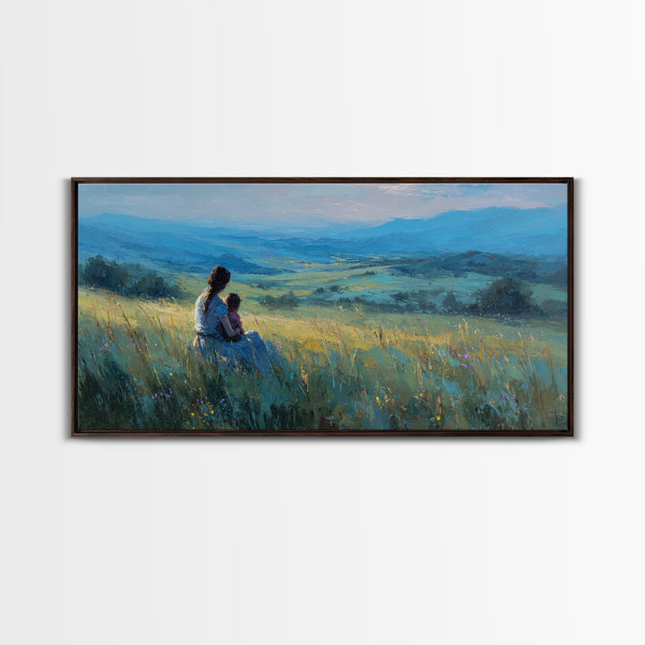 Mother And Child Over Blue Valley Wall Art, Peaceful Landscape Painting, Impressionist Canvas Print, Living Room Decor, Home Decor