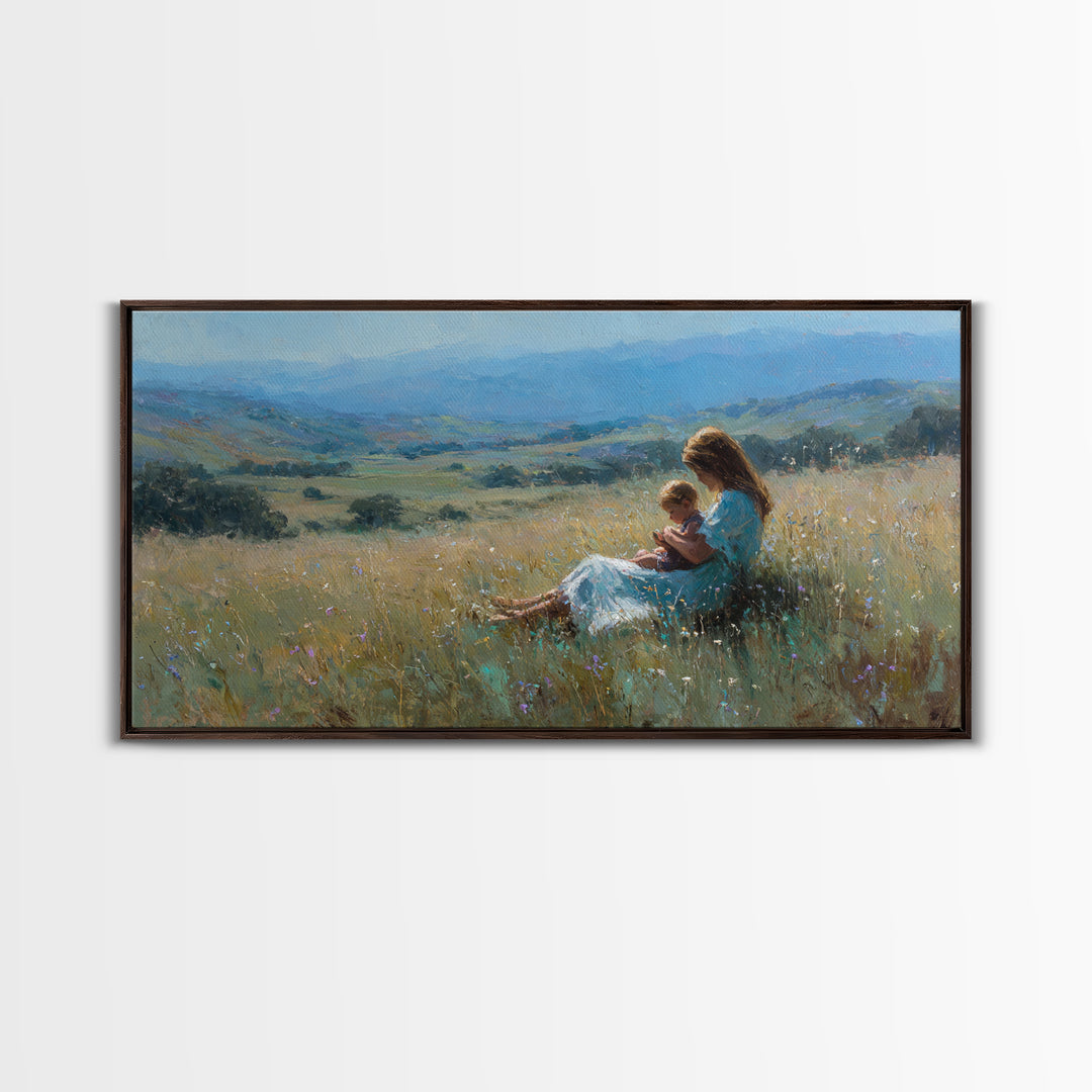 Mother And Baby In Golden Meadow Wall Art, Impressionist Mountain Landscape Canvas Print, Nursery Decor, Housewarming Gift