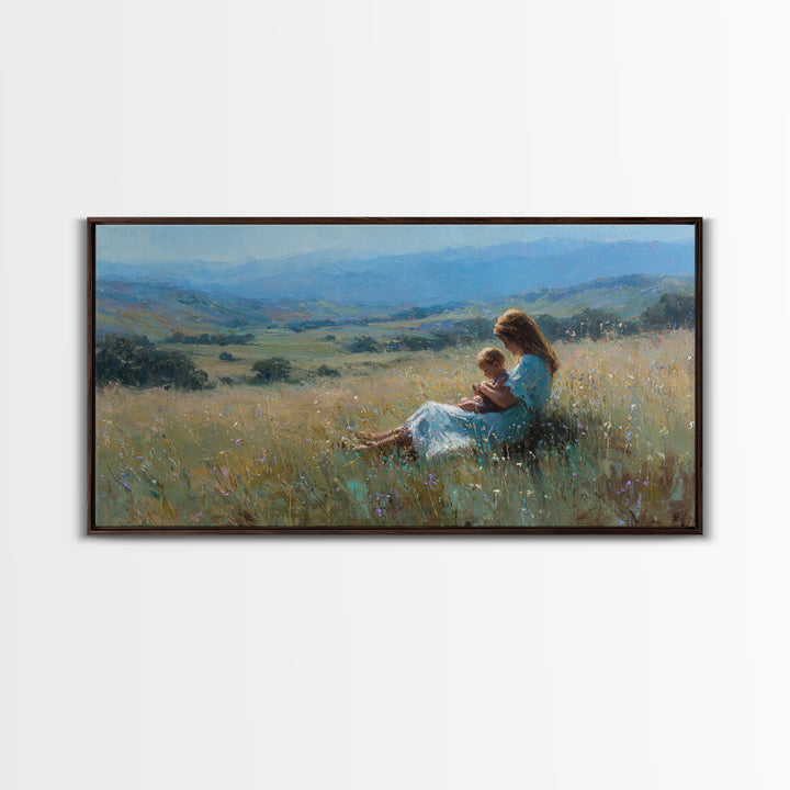 Mother And Baby In Golden Meadow Wall Art, Impressionist Mountain Landscape Canvas Print, Nursery Decor, Housewarming Gift