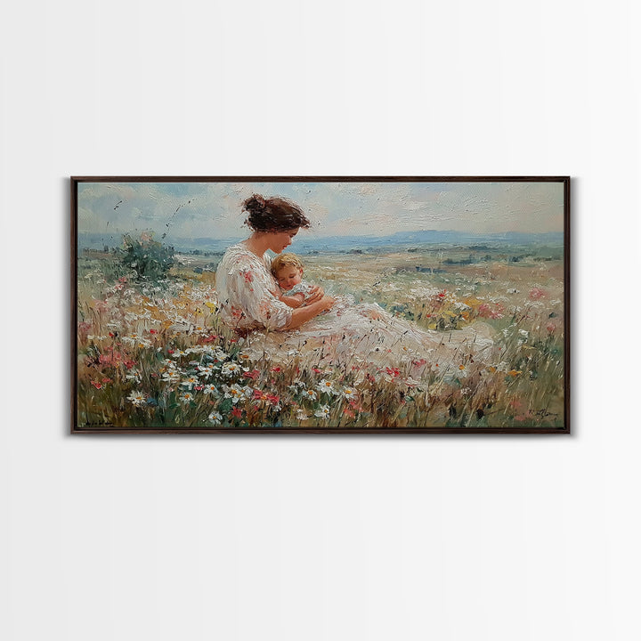 Mother Cuddling Baby In Daisy Meadow Wall Art, Textured Impressionist Canvas Print, Feminine Nursery Decor, Gift For Her