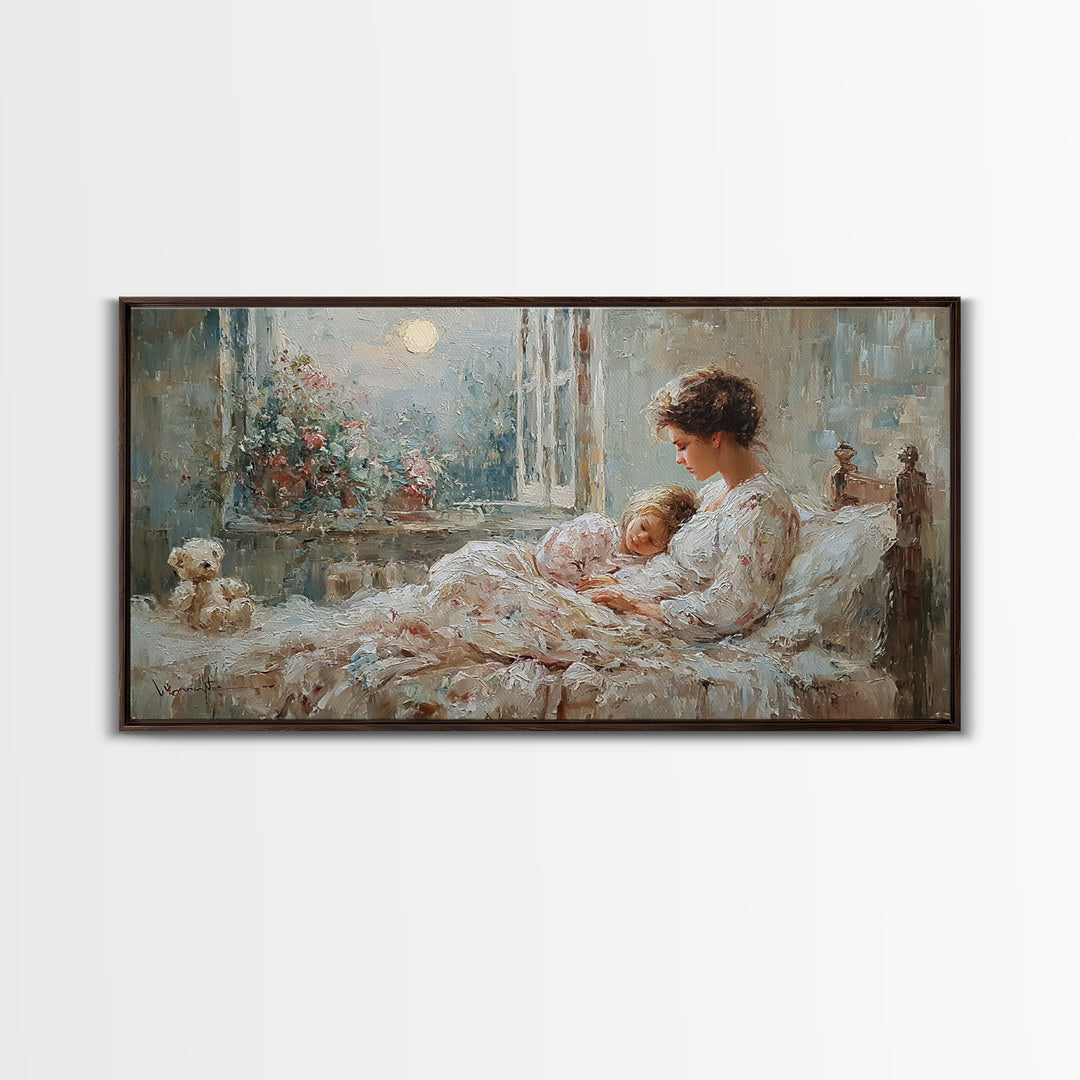 Mother And Child In Moonlit Bedroom Wall Art, Romantic Impressionist Canvas Print, Cozy Nursery Decor, Gift For Mom, Home Decor
