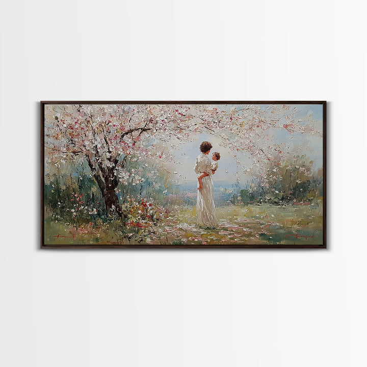 Mother And Baby Under Cherry Blossoms Wall Art, Spring Impressionist Landscape Canvas Print, Pink Floral Decor, Gift For Mom