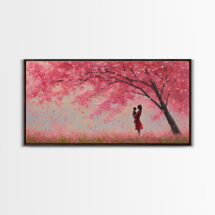 Mother And Baby Beneath Pink Cherry Tree Wall Art, Romantic Spring Landscape Canvas Print, Feminine Decor, Gift For Her, Home Decor