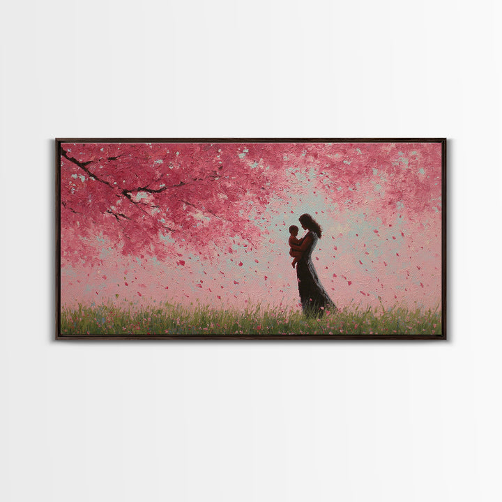 Mother And Child In Pink Blossom Rain Wall Art, Romantic Cherry Blossom Canvas Print, Feminine Bedroom Decor, Gift For Mom