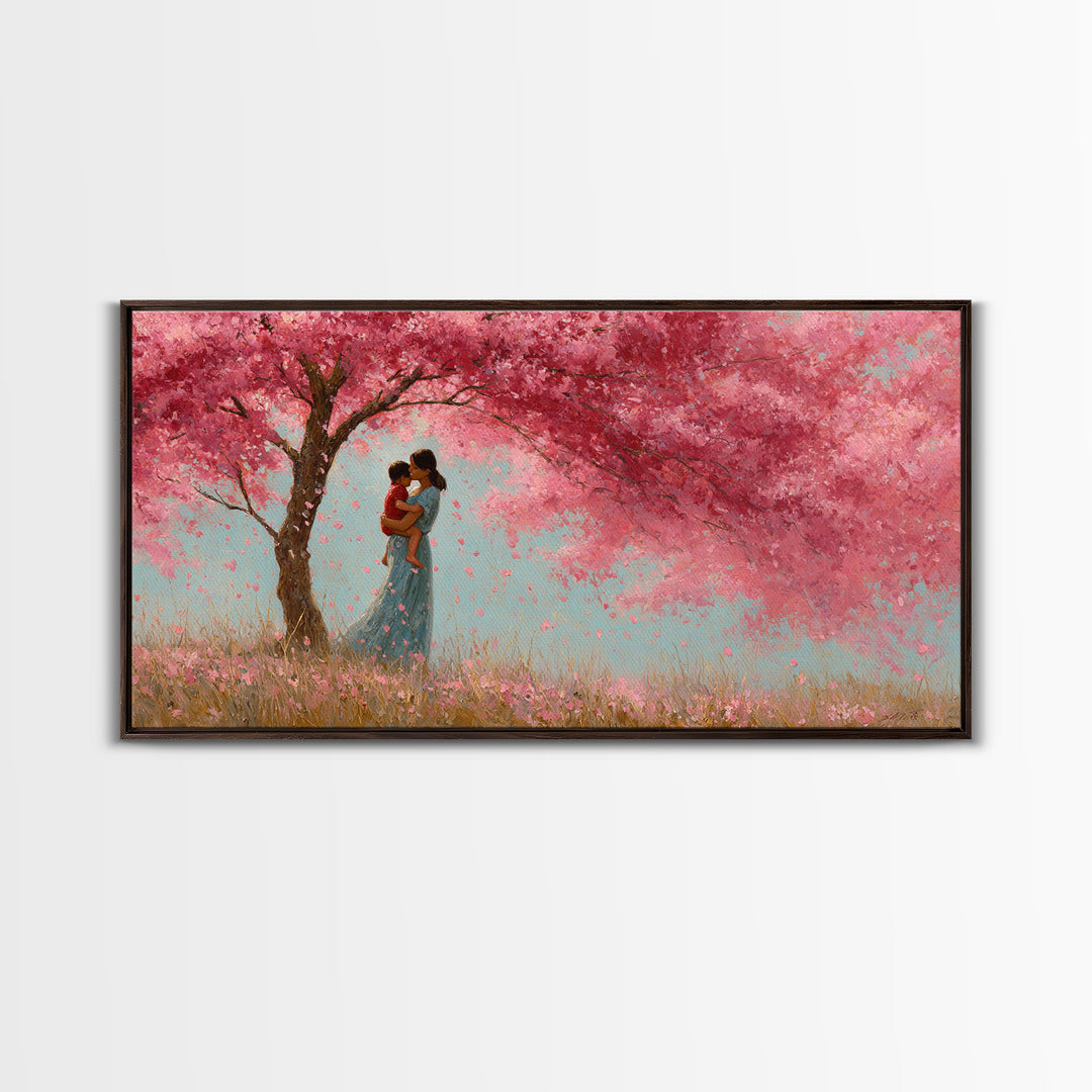 Black Mother And Baby Under Pink Blossoms Wall Art, Angelic Nursery Decor, Feminine Bedroom Print, Gift For Mom, Living Room Decor
