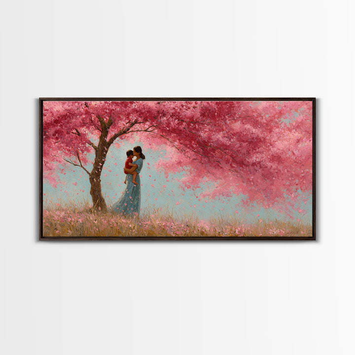 Black Mother And Baby Under Pink Blossoms Wall Art, Angelic Nursery Decor, Feminine Bedroom Print, Gift For Mom, Living Room Decor