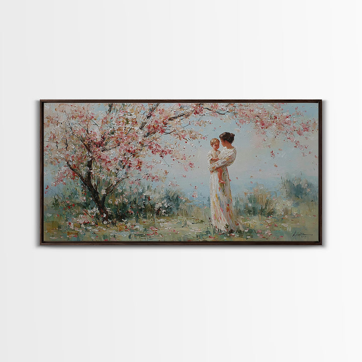 Impressionist Mother Holding Baby Framed Canvas Print, Cherry Blossom Nursery Wall Art, Spring Home Decor, Gift For Her, Mom