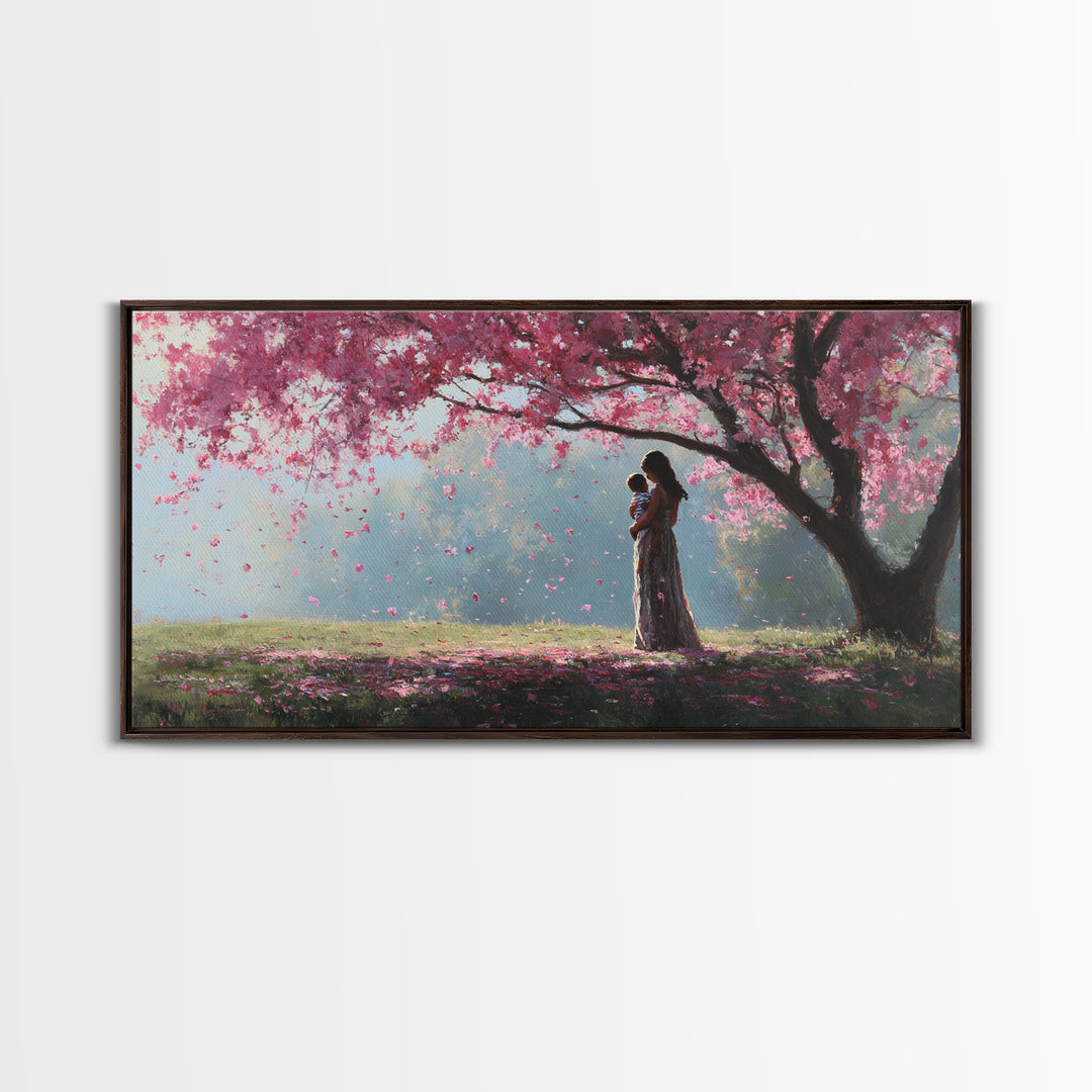 Mother And Child Beneath Pink Cherry Tree Canvas Print, Angelic Wall Art, Nursery Decor, Romantic Bedroom Art, Gift For Mom