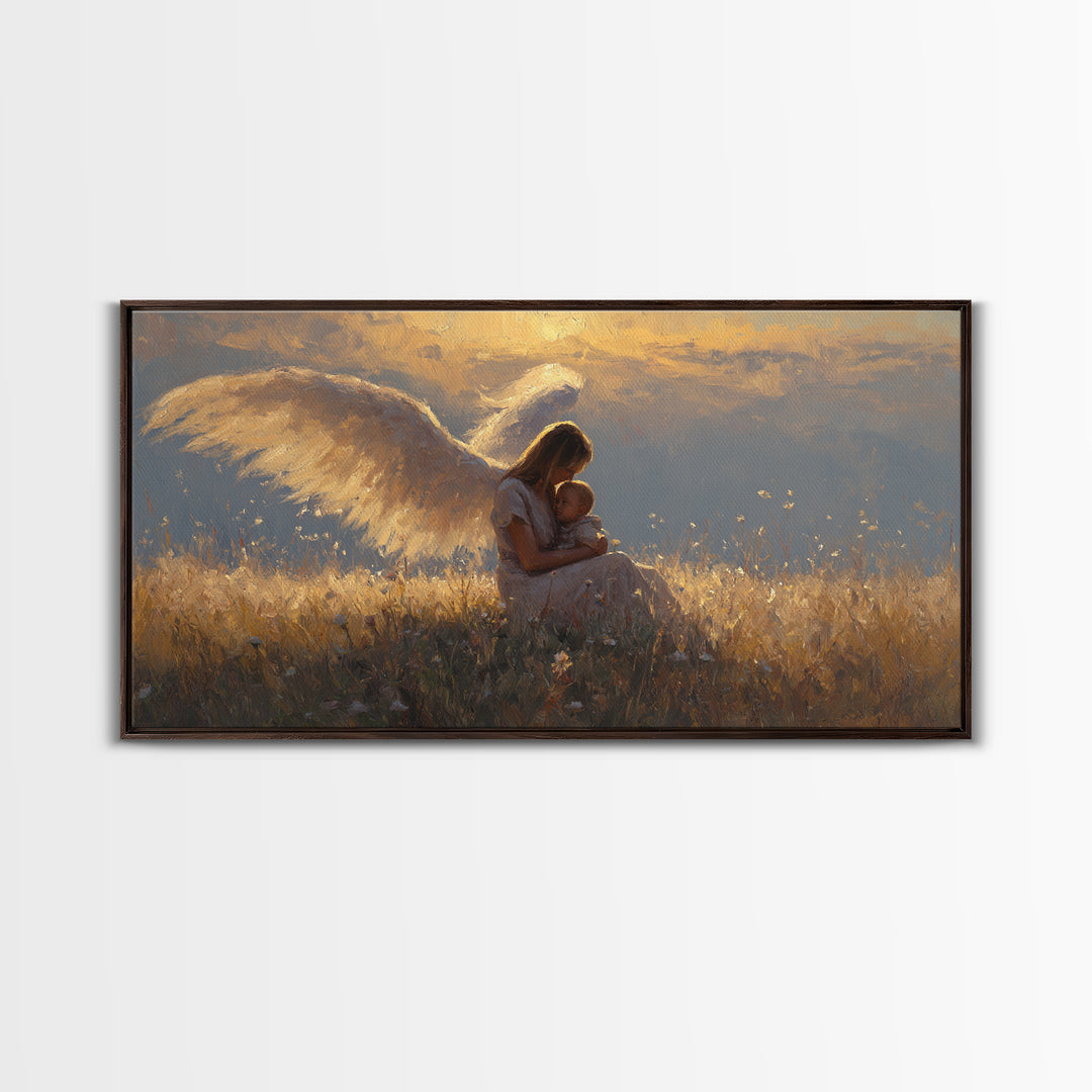 Golden Angel Mother Cuddling Baby Wall Art, Spiritual Canvas Print, Christian Nursery Decor, Calming Bedroom Art, Gift For Mom
