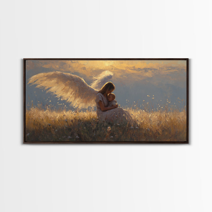 Golden Angel Mother Cuddling Baby Wall Art, Spiritual Canvas Print, Christian Nursery Decor, Calming Bedroom Art, Gift For Mom