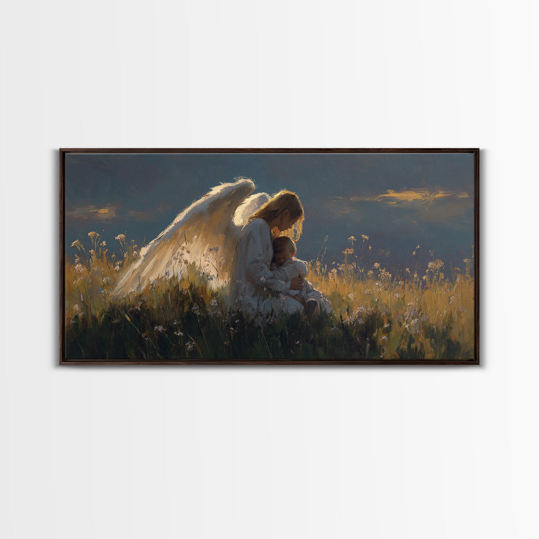 Moody Guardian Angel Holding Child Wall Art, Spiritual Framed Canvas Print, Christian Bedroom Decor, Sympathy Gift For Mom