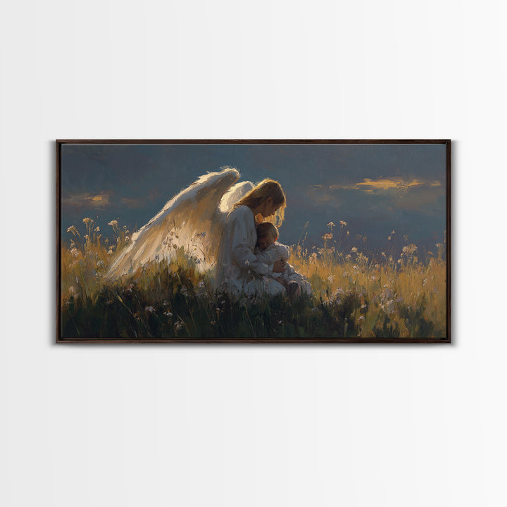 Moody Guardian Angel Holding Child Wall Art, Spiritual Framed Canvas Print, Christian Bedroom Decor, Sympathy Gift For Mom
