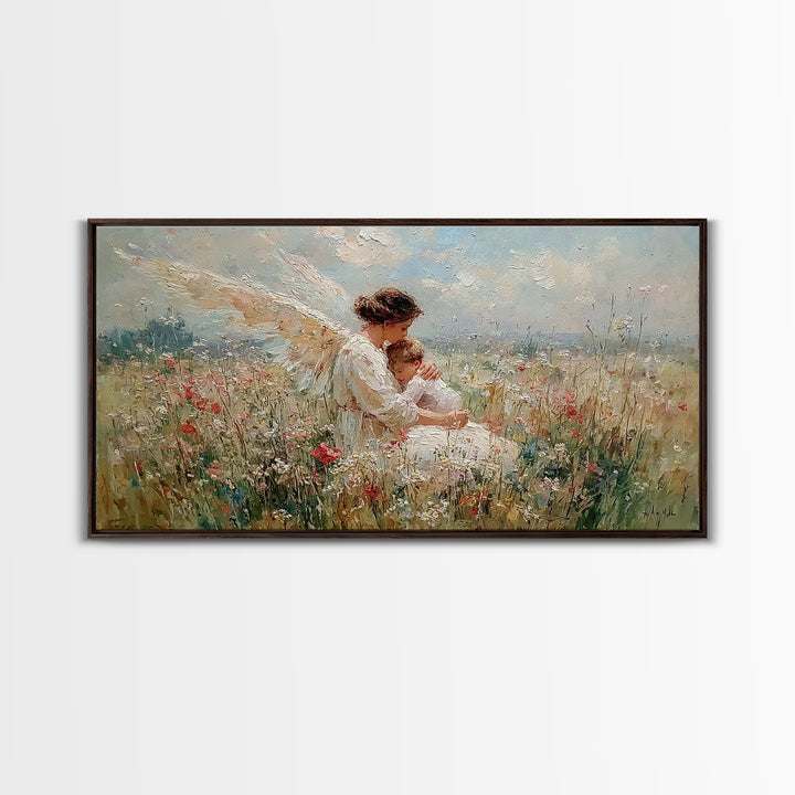 Angel Mother And Sleeping Baby In Meadow Canvas Print, Christian Wall Art, Wildflower Nursery Decor, Baby Shower Gift For New Mom