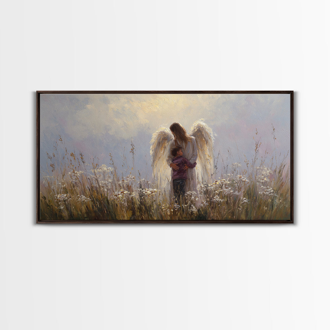 Guardian Angel Embracing Young Boy Wall Art, Christian Framed Canvas Print, Spiritual Nursery Decor, Sympathy Gift For Him