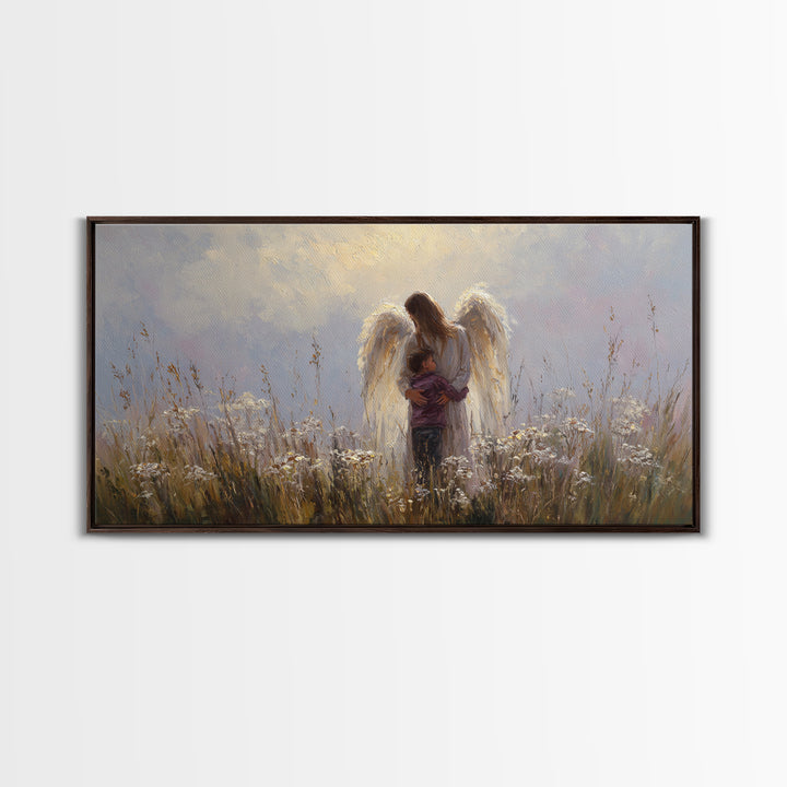 Guardian Angel Embracing Young Boy Wall Art, Christian Framed Canvas Print, Spiritual Nursery Decor, Sympathy Gift For Him