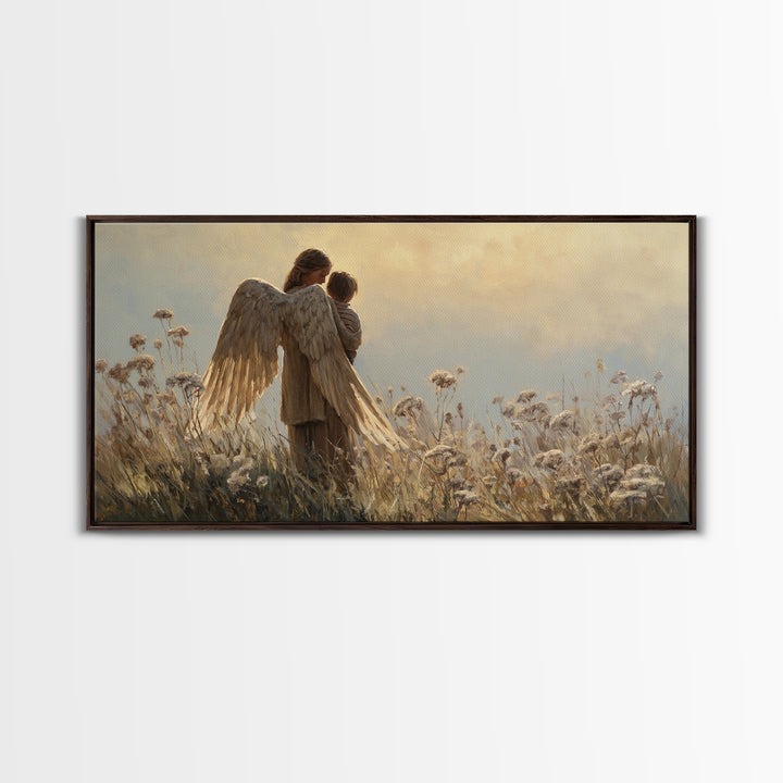 Guardian Angel And Child In Golden Meadow Framed Canvas Print, Christian Wall Art, Nursery Decor, Housewarming Gift, Above Bed Art