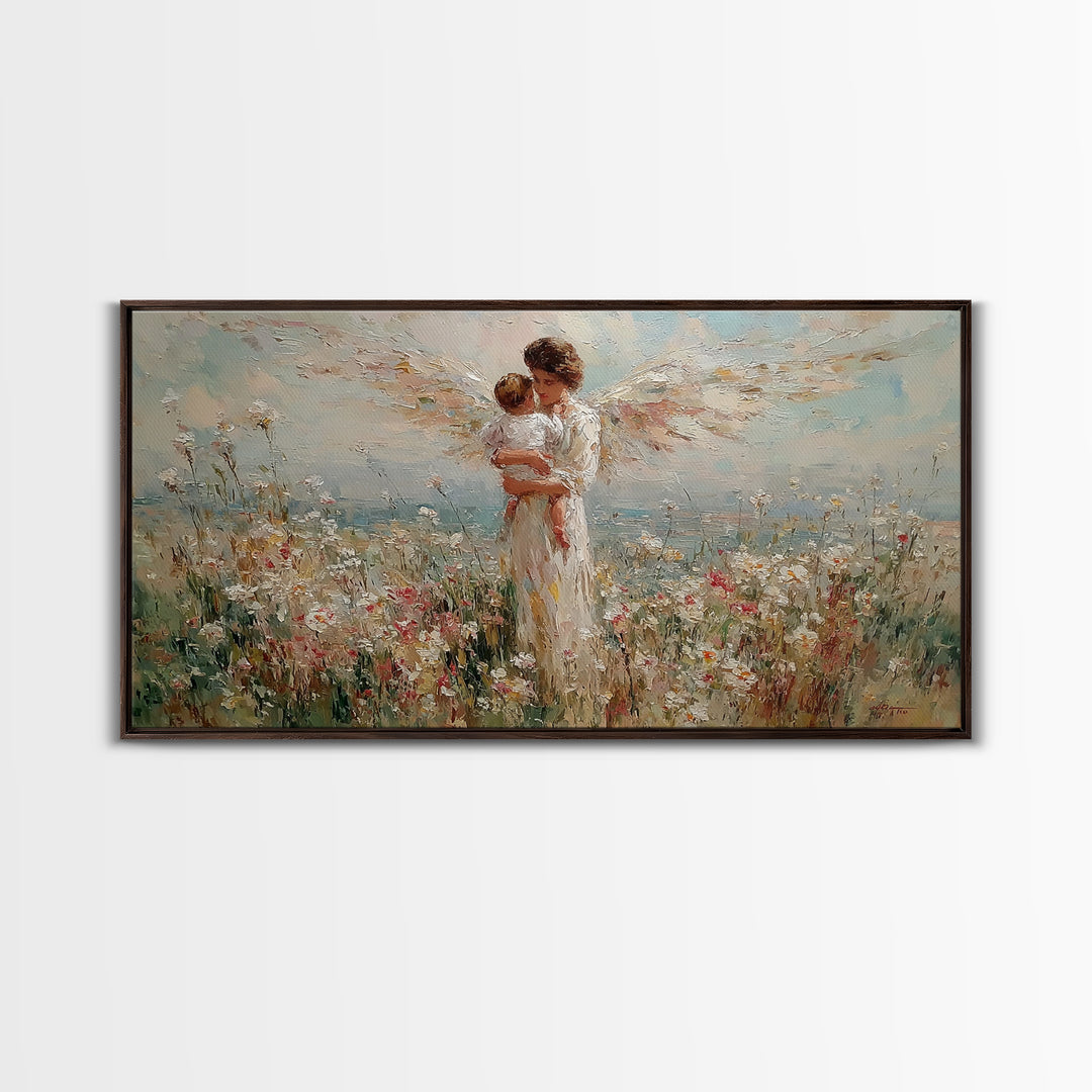 Angel Mother Holding Baby In Wildflower Meadow Canvas Print, Christian Wall Art, Floral Wall Art, Nursery Decor, Gift For Her