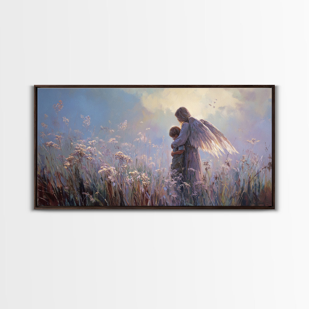Luminous Guardian Angel With Child In Blue Meadow Canvas Print, Christian Wall Art, Nursery Wall Art, Calming Bedroom Decor