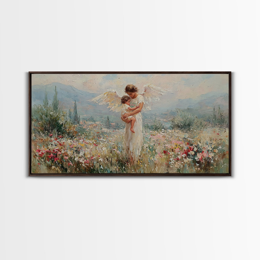 Angel And Baby In Mountain Wildflower Valley Framed Canvas Print, Christian Wall Art, Floral Wall Art, Living Room Decor