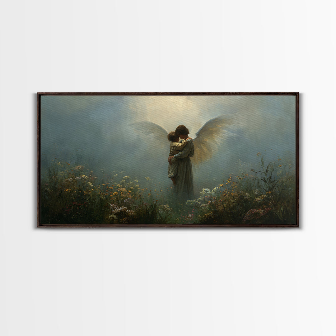 Moody Guardian Angel Embracing Child In Misty Garden Wall Art, Christian Wall Decor, Dark Academia, Housewarming Gift, Bedroom Wall Decor