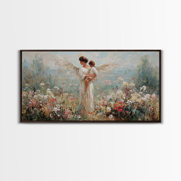 Angel Mother Holding Baby In Blooming Garden Framed Canvas Print, Christian Wall Art, Floral Wall Art, Nursery Decor, Gift For Her