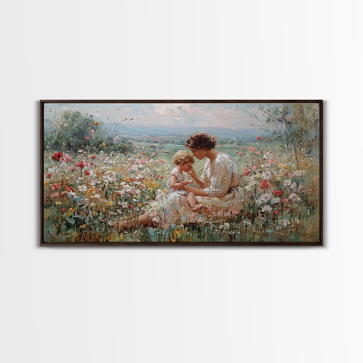 Mother And Baby In Flower Meadow Impressionist Canvas Print, Floral Wall Art, Christian Wall Art, Living Room Decor, Gift For Mom