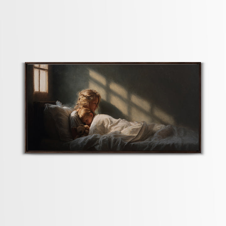 Children Sleeping With Teddy In Sunlit Bedroom Wall Art, Cozy Bedroom Decor, Dark Academia, Nursery Art, Housewarming Gift