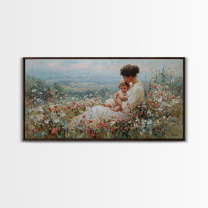 Mother Holding Baby In Wildflower Meadow Canvas Print, Impressionist Floral Landscape, Nursery Wall Art, Housewarming Gift