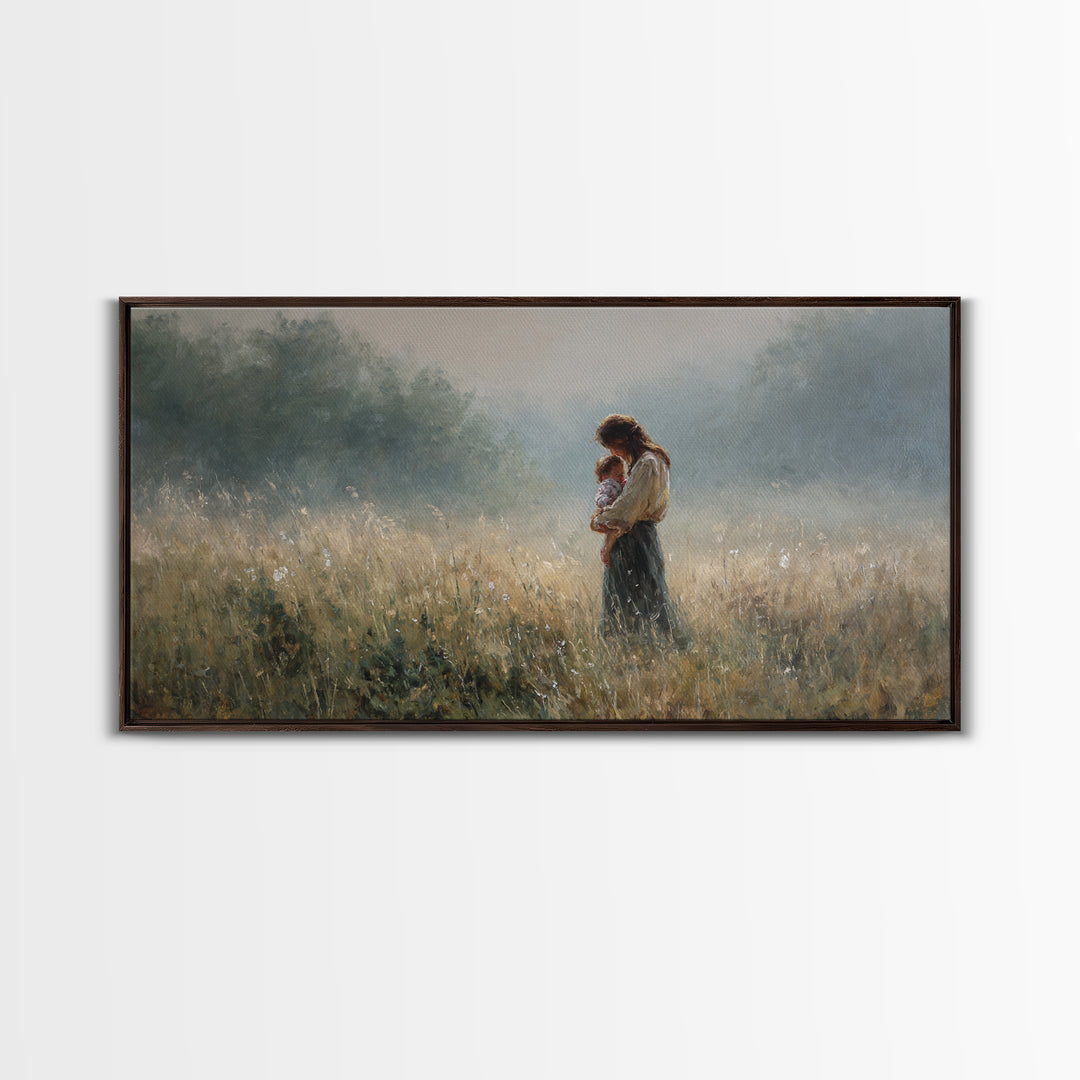 Mother And Child Standing In Misty Meadow Framed Canvas Print, Serene Landscape Painting, Neutral Wall Art, Calming Decor