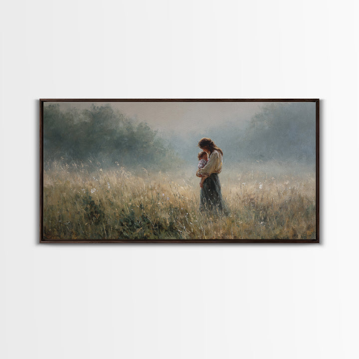 Mother And Child Standing In Misty Meadow Framed Canvas Print, Serene Landscape Painting, Neutral Wall Art, Calming Decor