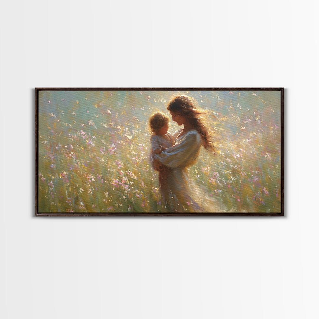 Sunlit Mother And Child In Wildflower Meadow Wall Art, Impressionist Meadow Canvas, Feminine Bedroom Decor, Gift For Mom