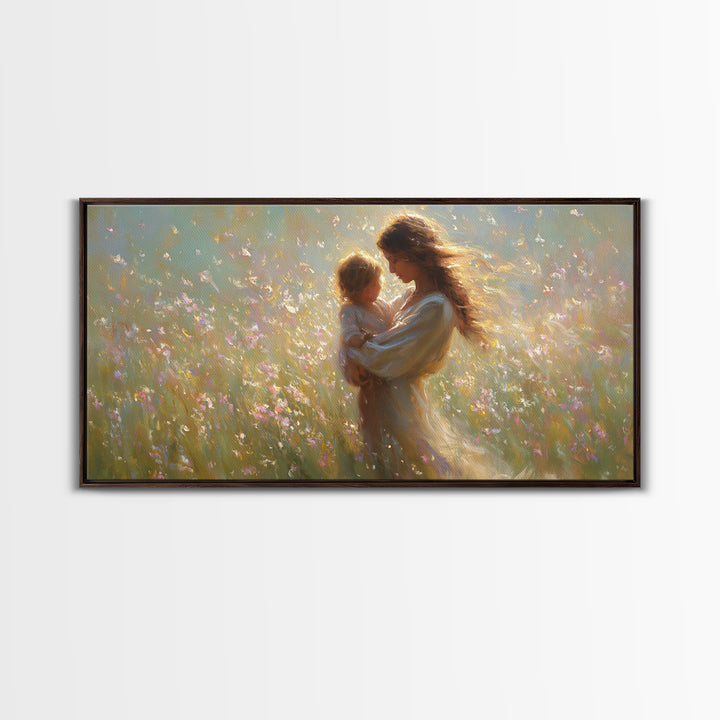Sunlit Mother And Child In Wildflower Meadow Wall Art, Impressionist Meadow Canvas, Feminine Bedroom Decor, Gift For Mom