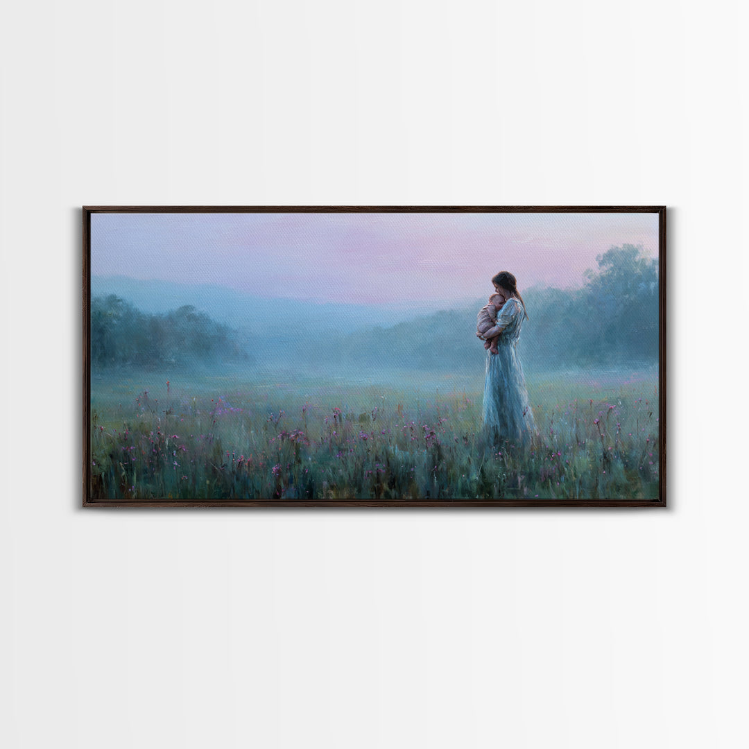 Misty Mother And Baby Meadow Wall Art, Moody Blue Landscape Canvas Print, Calming Bedroom Nursery Decor, Gift For Mom And Her