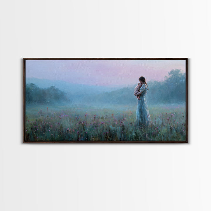 Misty Mother And Baby Meadow Wall Art, Moody Blue Landscape Canvas Print, Calming Bedroom Nursery Decor, Gift For Mom And Her