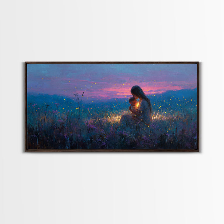 Moonlit Mother And Baby Firefly Wall Art, Celestial Wildflower Meadow Canvas Print, Magical Nursery Decor, Gift For Mom, Home Decor