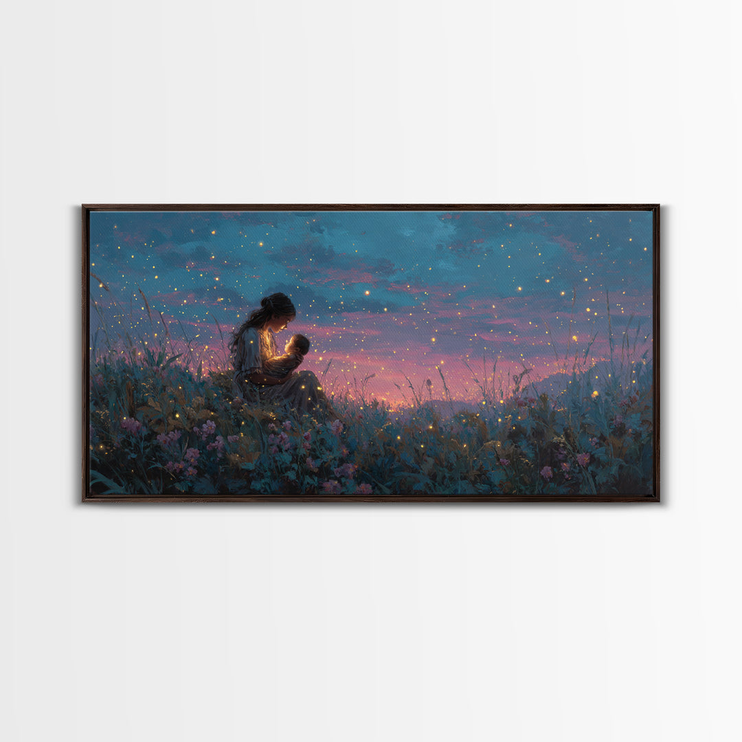 Starlit Mother Nursing Baby Meadow Wall Art, Firefly Night Landscape Canvas Print, Celestial Nursery Decor, Gift For Mom