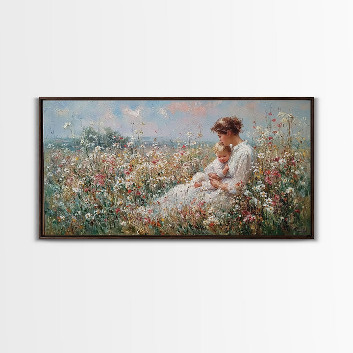 Mother And Baby In Coastal Wildflower Meadow Wall Art, Impressionist Framed Canvas Print, Nursery Decor, Gift For Mom, Home Decor