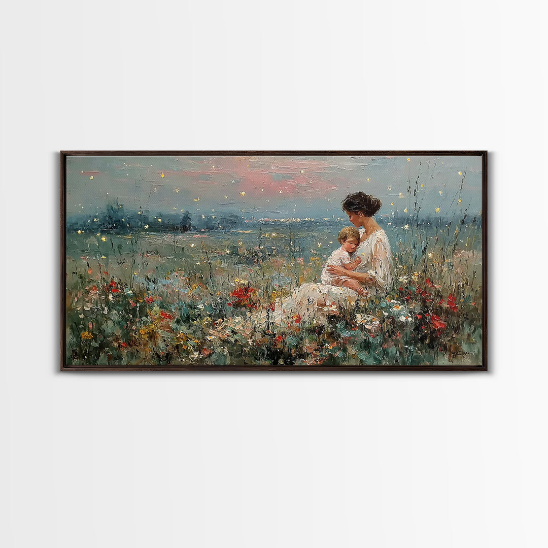 Golden Firefly Mother And Baby Meadow Canvas Print, Serene Lakeside Wall Art, Impressionist Nursery Decor, Gift For Mom, Home Decor