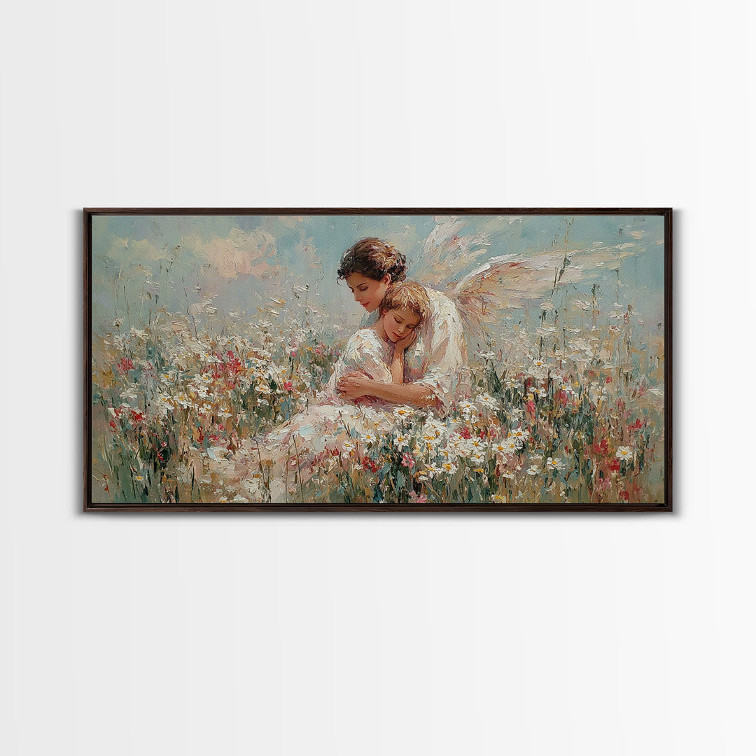 Guardian Angel And Child In Wildflower Meadow Framed Canvas Print, Christian Nursery Wall Art, Motherhood Gift Home Decor